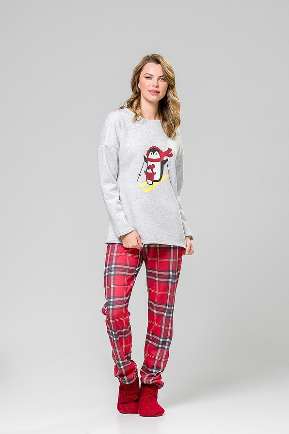 WOMAN COTTON PYJAMAS PINGUIN PRINT AND TARTAN OPEN LEG PANTS