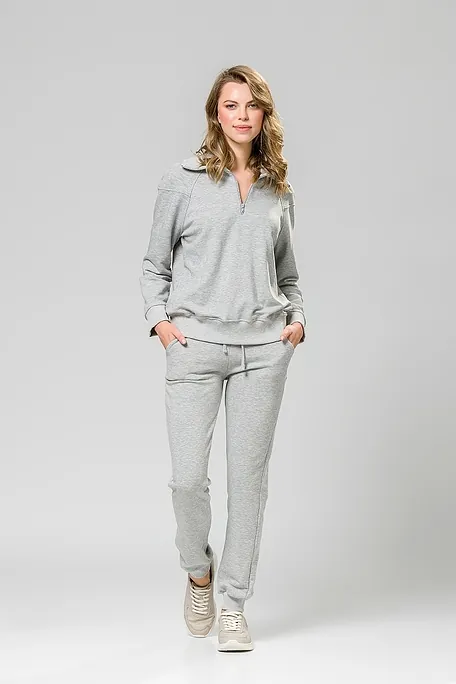 WOMAN COTTON TRACKSUIT PLAIN V NECK WITH POCKETS AND ANKLE CUFFED LEGS