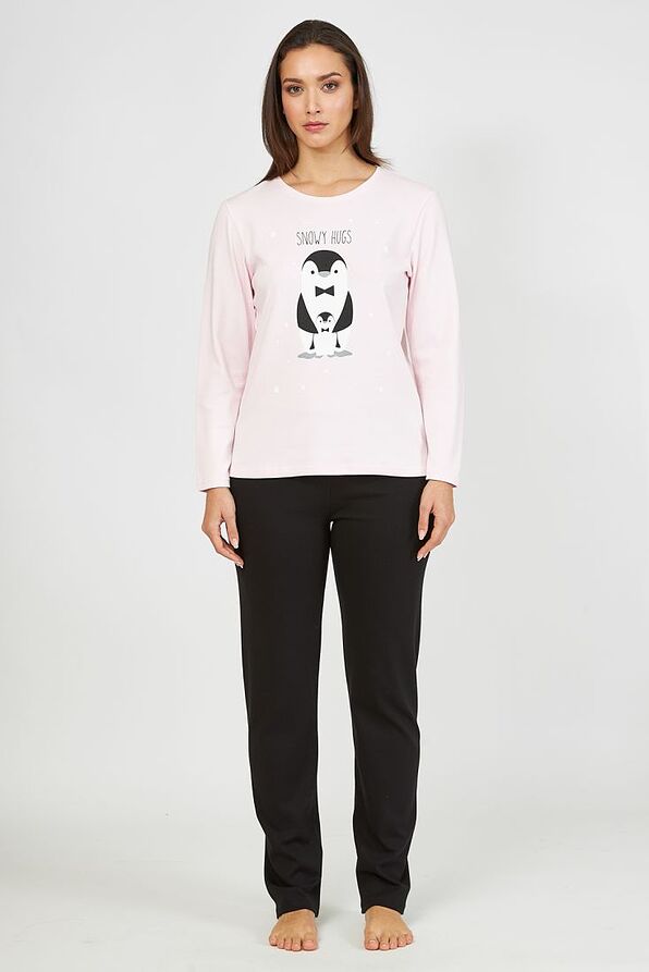 WOMAN LONG COTTON PYJAMAS WITH "SNOWY HUGS" & PENGUIN PRINT
