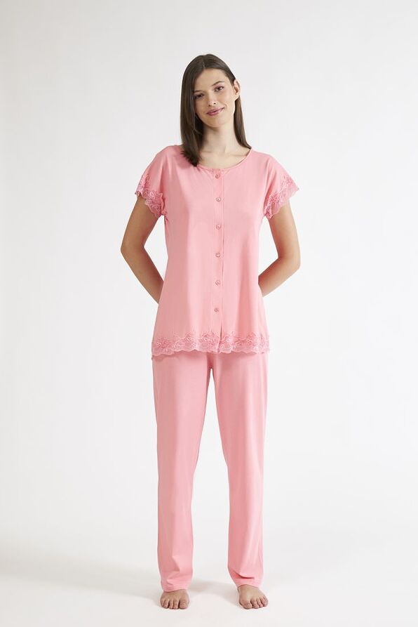 WOMAN PLAIN LONG MODAL-COTTON ALL-BUTTONS PYJAMAS WITH LACE TRIMMINGS