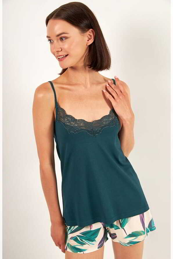 ΓΥΝΑΙΚΕΙΑ KONTH ΠΙΤΖΑΜΑ BABYDOLL ΑΠΌ ΒΙΣΚΟΖΗ ME TROPICAL ΤΥΠΩΜΑ ΛΕΠΤΟΜΕΡΕΙΕΣ ΔΑΝΤΕΛΑΣ ΚΑΙ ΡΥΘΜΙΖΟΜΕΝΕΣ ΤΙΡΑΝΤΕΣ