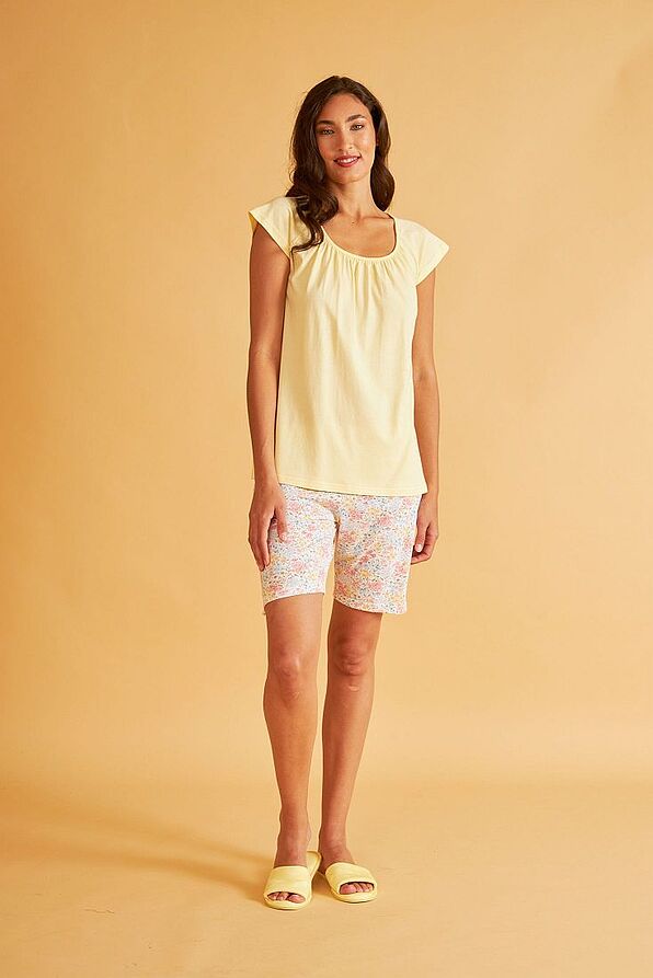 WOMAN SHORT MODAL PYJAMAS WITH PLAIN TOP AND FLORAL PATTERNED SHORTS