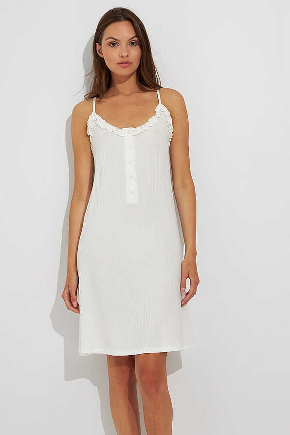 WOMΑN VISCOSE MIDI NIGHTDRESS RIB PLAIN WITH FRILL BUTTON OPENING AND SPAGHETTI STRAPS IDEAL FOR BREASTFEEDING