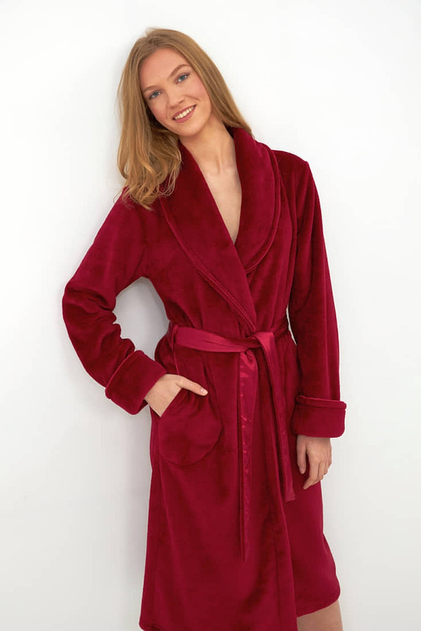 WOMAN FLEECE LONG PLAIN ROBE CROSS BELT WITH POCKETS