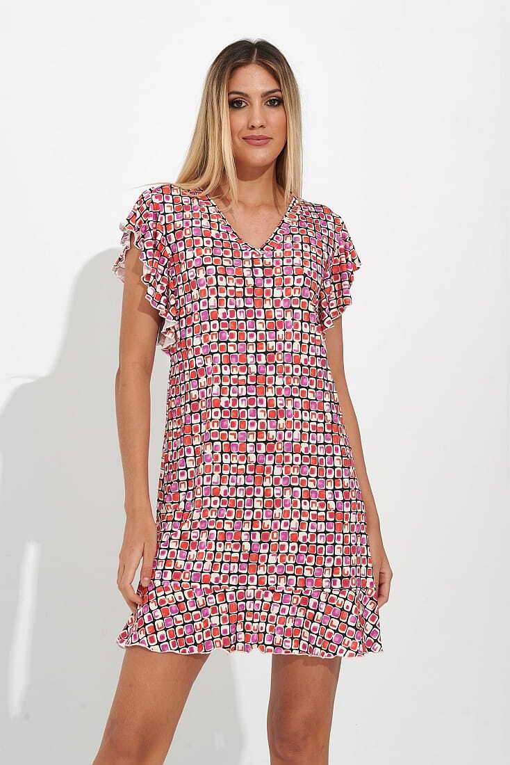 ΓΥΝΑΙΚΕΙΟ ΜΙΝΙ ΦΟΡΕΜΑ ΠΟΛΥ ΑΠΑΛΟ ΜΕ ΓΕΩΜΕΤΡΙΚΟ ΣΧΕΔΙΟ V ΛΑΙΜΟ ΚΑΙ ΚΟΝΤΟ ΜΑΝΙΚΙ