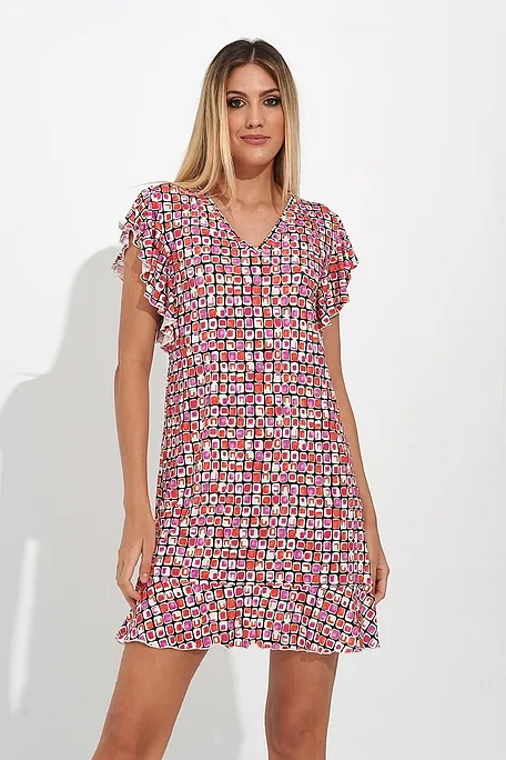 ΓΥΝΑΙΚΕΙΟ ΜΙΝΙ ΦΟΡΕΜΑ ΠΟΛΥ ΑΠΑΛΟ ΜΕ ΓΕΩΜΕΤΡΙΚΟ ΣΧΕΔΙΟ V ΛΑΙΜΟ ΚΑΙ ΚΟΝΤΟ ΜΑΝΙΚΙ