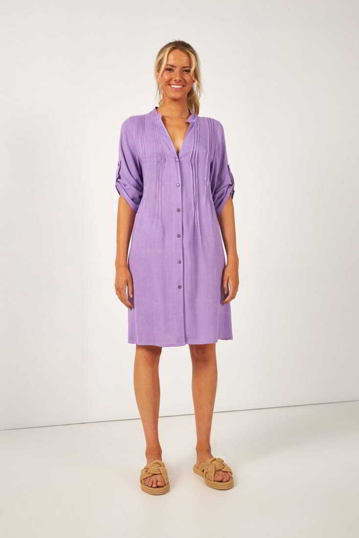 WOMAN MIDI VISCOSE SHIRT-DRESS PLAIN WITH PLEATS AND ADJUSTABLE 3/4-SHORT SLEEVES