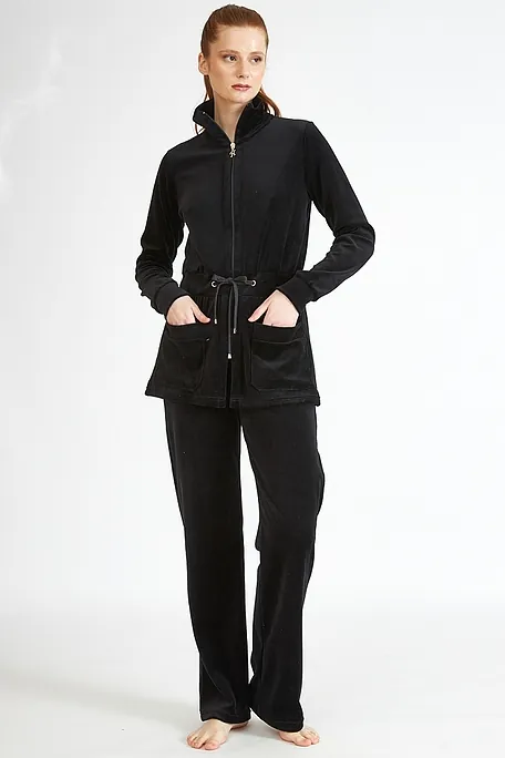 WOMAN LONG VELOUR TRACKSUIT PLAIN WITH ZIP POCKETS DRAWSTRING WAIST TIE AND OPEN LEGS
