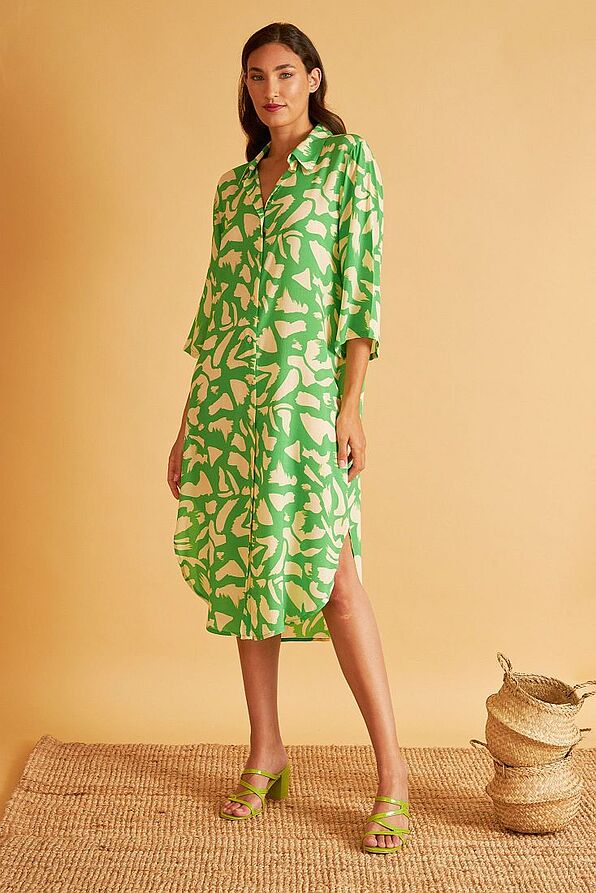WOMAN LONG VISCOSE PRINTED SHIRT-DRESS UNDER THE KNEE WITH BUTTONS