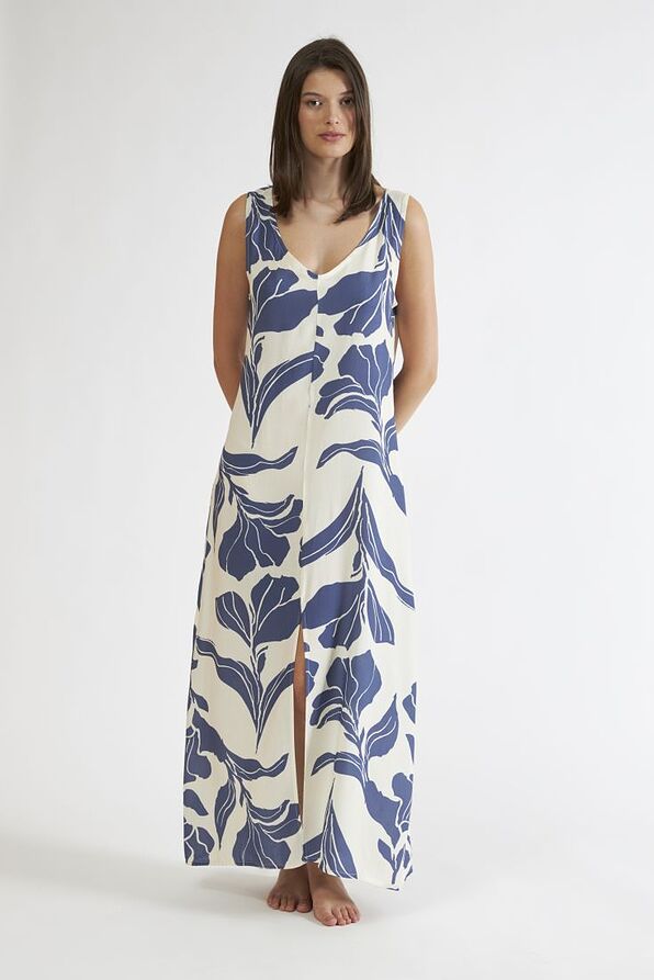 WOMAN MAXI VISCOSE DRESS WITH FLORAL PATTERN AND FRONT SLIT
