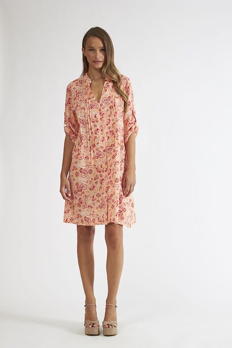WOMAN MIDI CHEMISE VISCOSE DRESS WITH ADJUSTABLE SLEEVES AND PAISLEY & FLORAL PATTERN