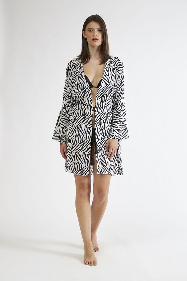 WOMAN SHORT TUNIC KIMONO WITH WAIST CORD AND ANIMAL ZEBRA PATTERN