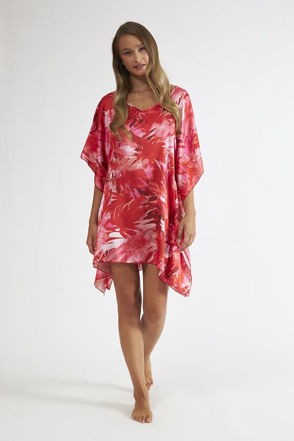 WOMAN SATIN TUNIC WITH BATWING SLEEVES & FLORAL PRINT