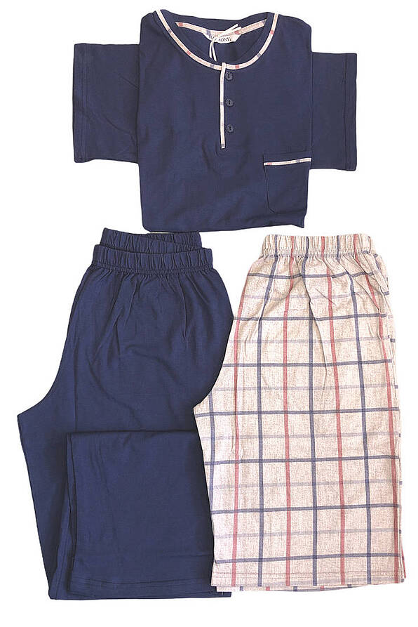 MAN COTTON PYJAMAS SET 3-PIECES SHORT SLEEVES OPEN BUTTONS NECK CHECKED PATTERN BERMUDA AND LONG UNI