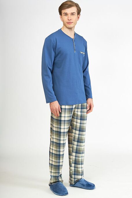 MAN LONG COTTON PYJAMAS WITH TARTAN PATTERNED PANTS AND PLACKET OPENING