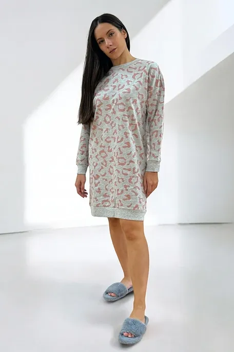 WOMAN MIDI VISCOSE NIGHTDRESS WITH INTERNAL FLANNEL & ANIMAL LEOPARD PRINT