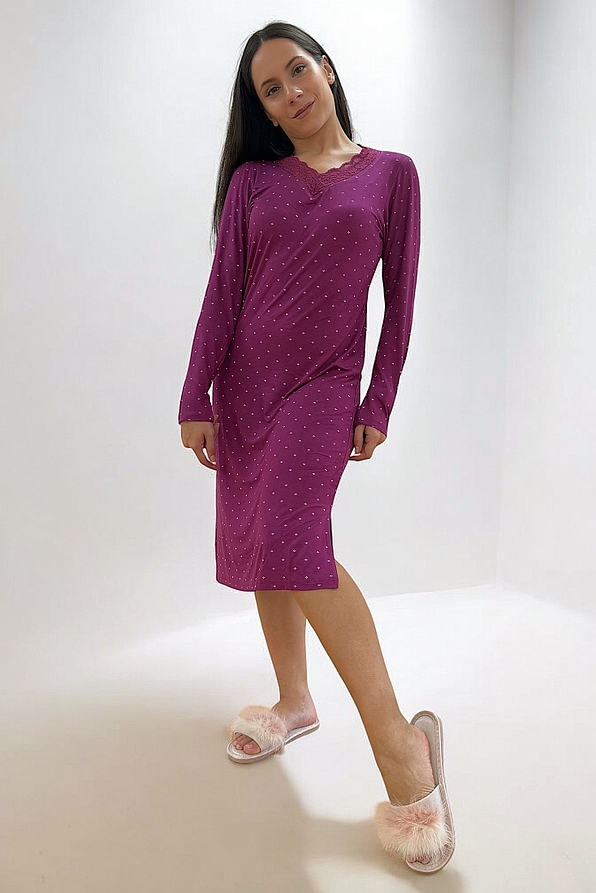 WOMAN LONG VISCOSE NIGHTDRESS WITH DOT PRINT AND LACE DETAILS