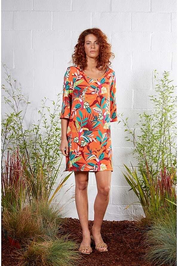WOMAN DRESS 3/4 SLEEVES V NECK OVER KNEE LEAVES PATTERN