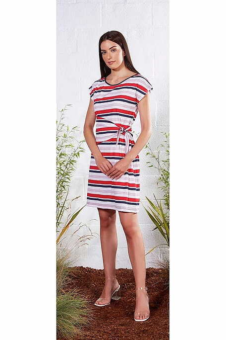 WOMAN DRESS SHORT SLEEVES OPEN NECK OVER KNEE WITH BELT IN WAIST STRIPES PATTERN