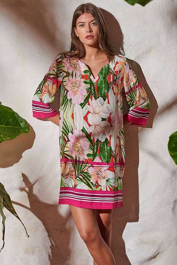 WOMAN OVER KNEE FLORAL BEACHWEAR DRESS 3/4 SLEEVE OPEN NECK