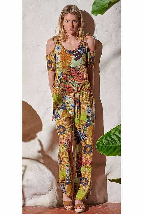 WOMAN JUMPSUIT OPEN NECK SHORT SLEEVE WITH OPEN SHOULDER AND LEAVES DESIGN