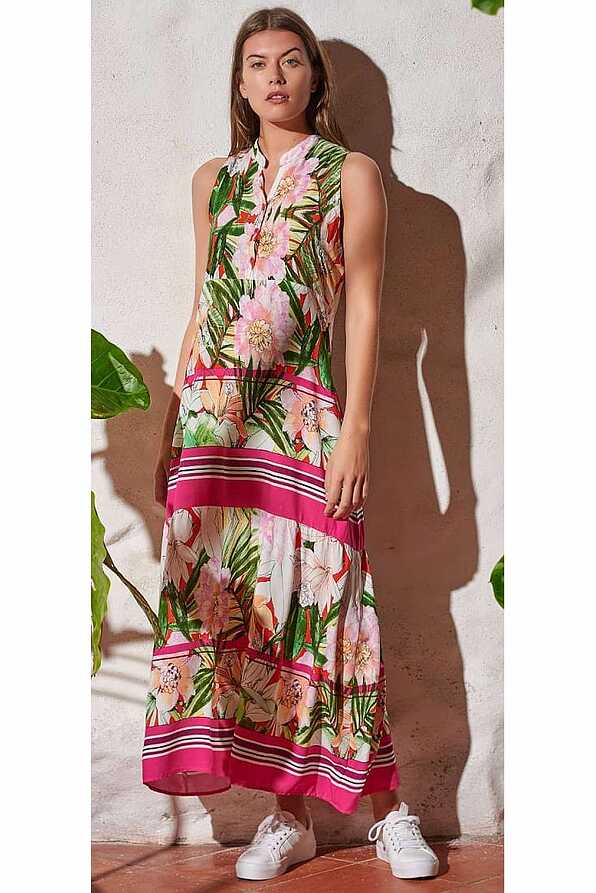 WOMAN FLORAL LONG DRESS ROUND NECK WITH BUTTONS OPENING