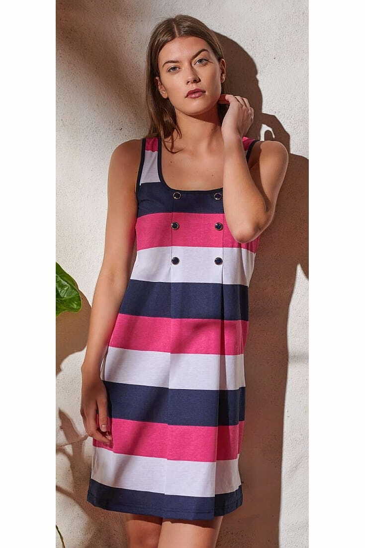 WOMAN DRESS OPEN NECK NO SLEEVES STRIPES AND BUTTONS
