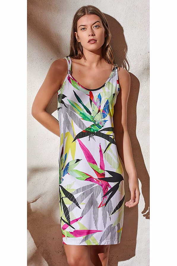 TROPICAL WOMAN DRESS OVER KNEE SPAGHETTI SLEEVES