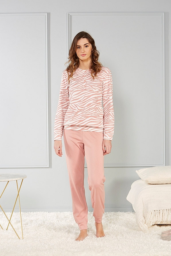 WOMAN COTTON PYJAMAS ZEBRA PATTERN ANKLE CUFFED PLAIN PANTS