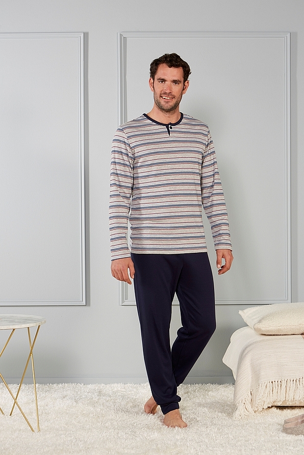 MAN COTTON PYJAMAS WITH STRIPES PATTERN AND PLAIN ANKLE CUFFED PANTS