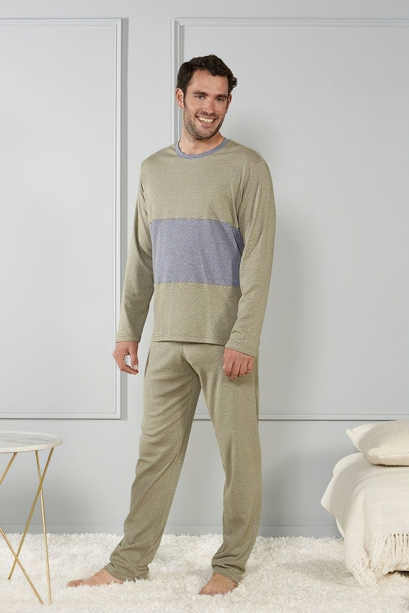 MAN COTTON PYJAMAS LARGE STRIPED PATTERN AND PLAIN OPEN LEG PANTS