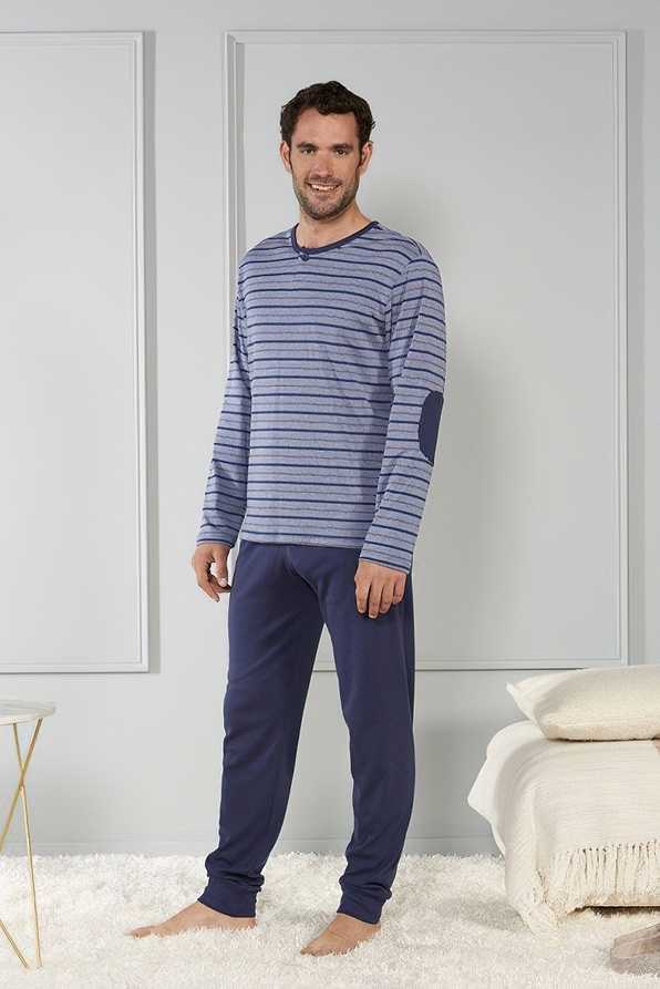 MAN COTTON PYJAMAS STRIPES PATTERN PATCHED SLEEVES PLAIN ANKLE CUFFED PANTS