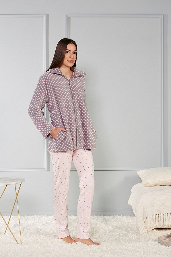 WOMAN SHORT FLEECE ROBE WITH POCKETS AND ZIP POIS PATTERN