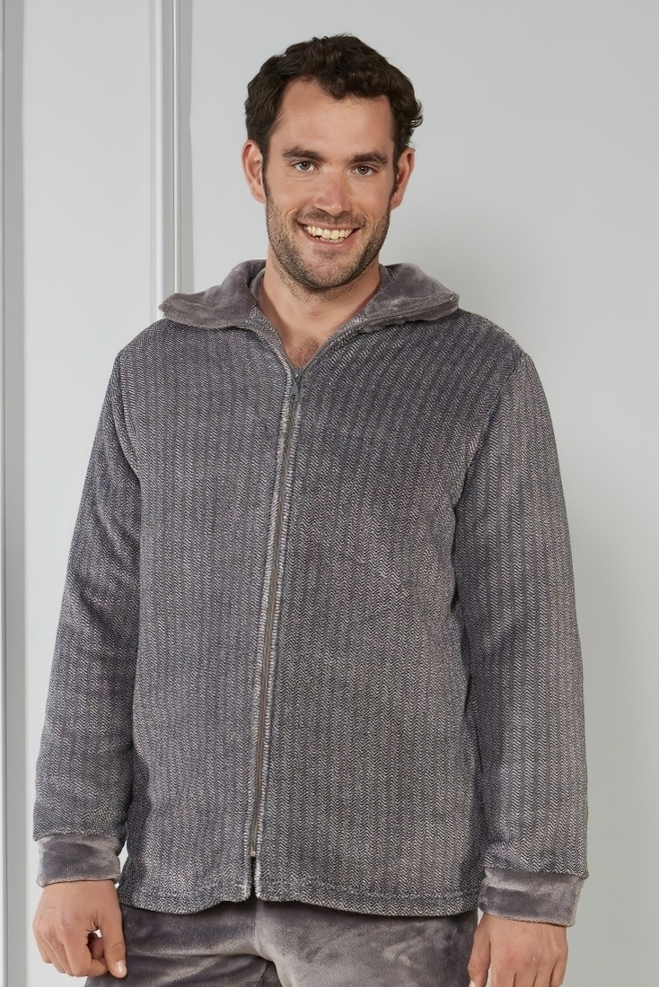 MAN SHORT FLEECE ROBE FISHBONE PATTERN PLAIN WITH ZIP