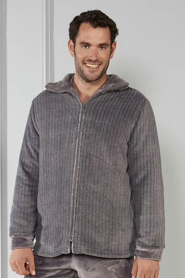 MAN SHORT FLEECE ROBE FISHBONE PATTERN PLAIN WITH ZIP