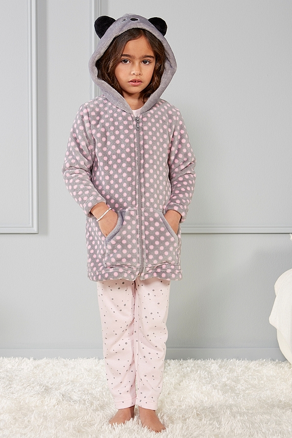 GIRL FLEECE SHORT ROBE WITH POIS PATTERN KOALA HOOD ZIP AND POCKETS