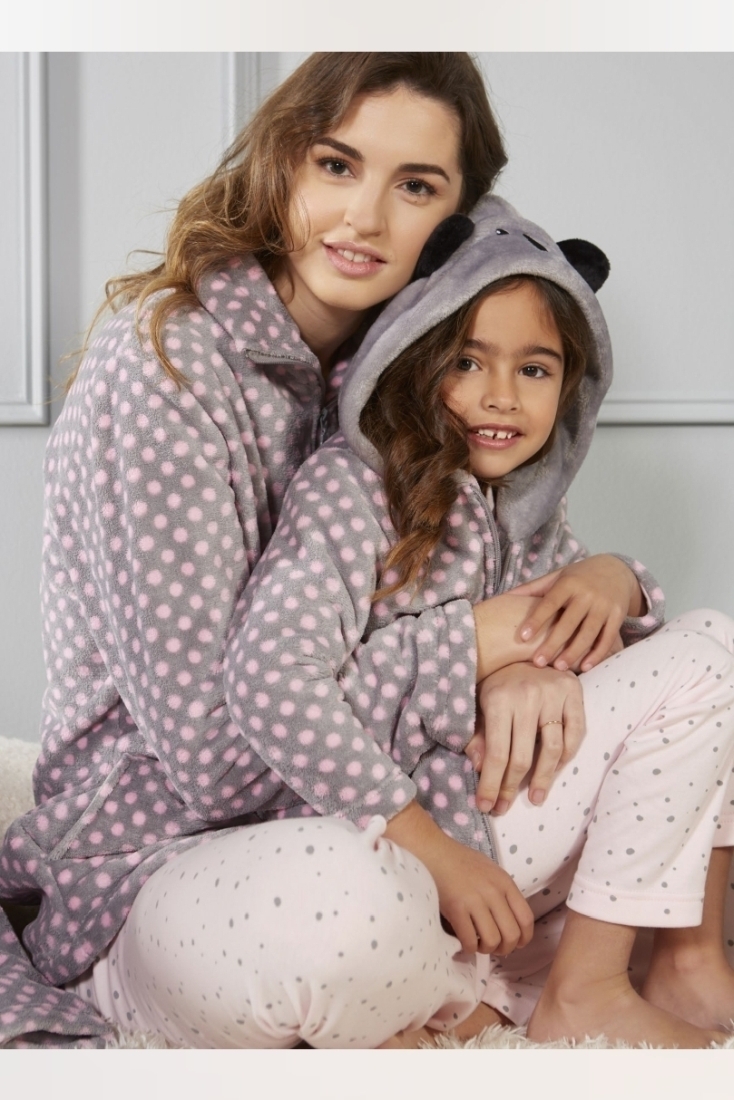 GIRL FLEECE SHORT ROBE WITH POIS PATTERN KOALA HOOD ZIP AND POCKETS