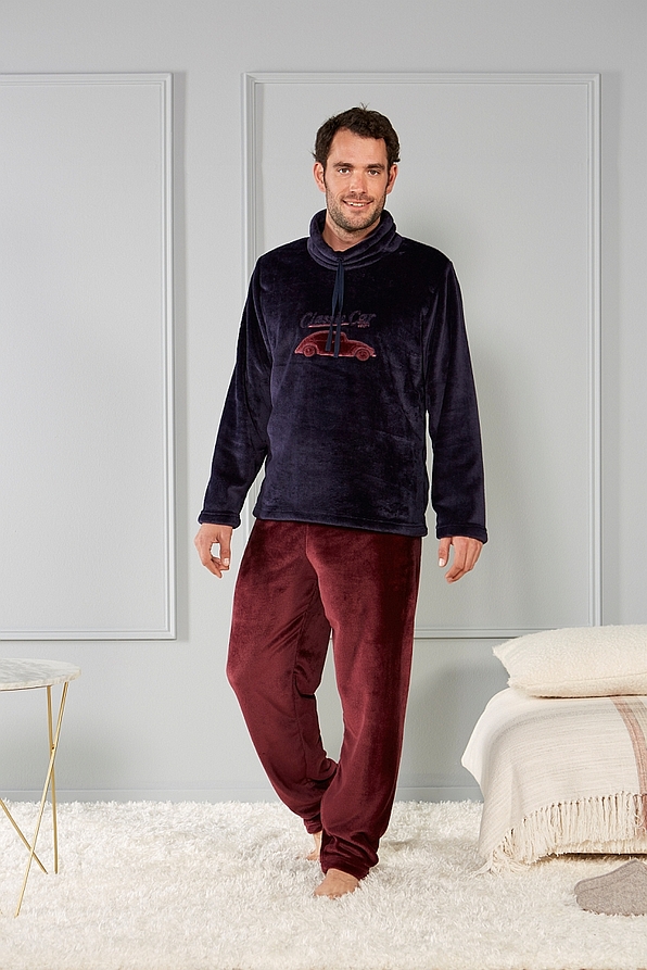 MAN FLEECE PYJAMAS BEETLE CAR PATTERN OPEN LEG CLOSE NECK