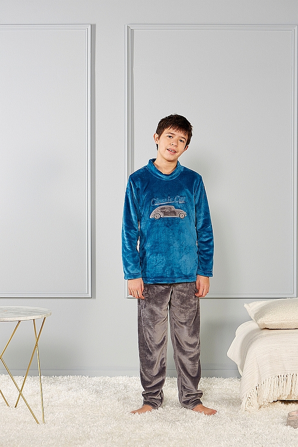 BOY FLEECE PYJAMAS BEETLE CAR PATTERN OPEN LEG CLOSE ROUND NECK