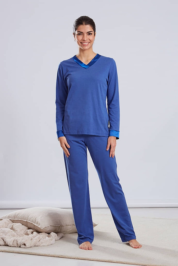 WOMAN LONG MODAL PYJAMAS PLAIN WITH SATIN TRIMMING OPEN LEGS