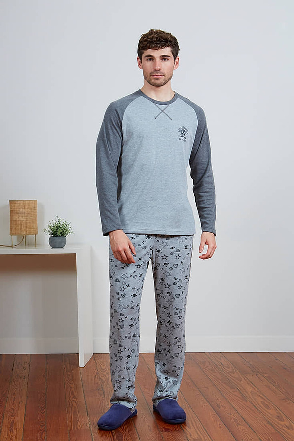 MAN LONG COTTON PYJAMAS SKULLS PRINT OPEN LEGS