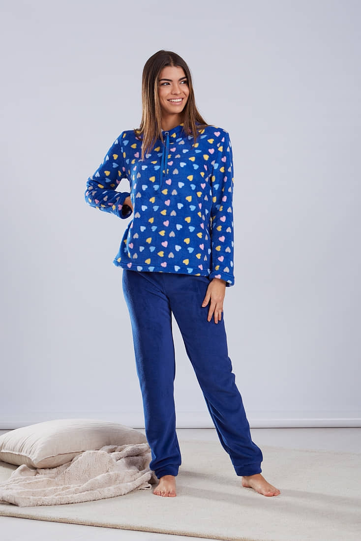 ΓΥΝΑΙΚΕΙΑ ΜΑΚΡΙΑ FLEECE ΠΙΤΖΑΜΑ ΜΕ ΤΥΠΩΜΑ ΚΑΡΔΙΕΣ ΜΠΑΤΖΑΚΙ ΜΕ ΛΑΣΤΙΧΟ