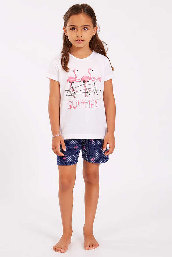 GIRL SHORT COTTON PYJAMAS SHORT SLEEVES DOTS SHORTS AND FLAMINGOS PATTERN