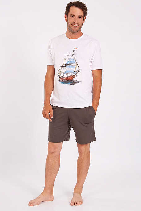 ΜΑΝ SHORT COTTON PYJAMAS SHORT SLEEVES WITH SAILBOAT PRINT AND POCKETS