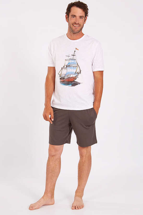 ΜΑΝ SHORT COTTON PYJAMAS SHORT SLEEVES WITH SAILBOAT PRINT AND POCKETS