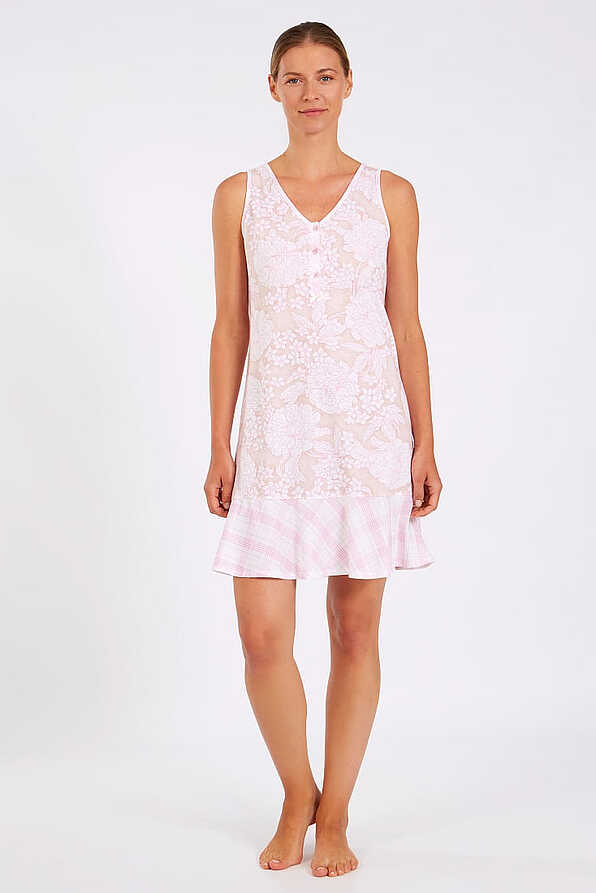 WOMAN COTTON SHORT NIGHTDRESS V BUTTON OPENING SLEEVELESS AND FLORAL PATTERN