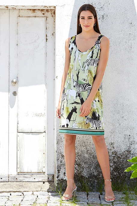 WOMAN VISCOSE SHORT DRESS WITH LARGESTRAPS AND JUNGLE ANIMALS PATTERN