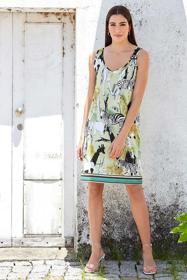 WOMAN VISCOSE SHORT DRESS WITH LARGESTRAPS AND JUNGLE ANIMALS PATTERN