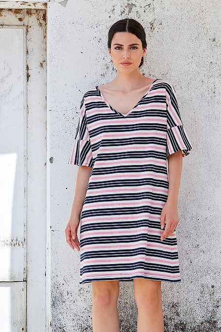WOMΑΝ SHORT COTTON STRIPY DRESS WITH V NECK 3/4 SLEEVES AND LUREX DETAILS