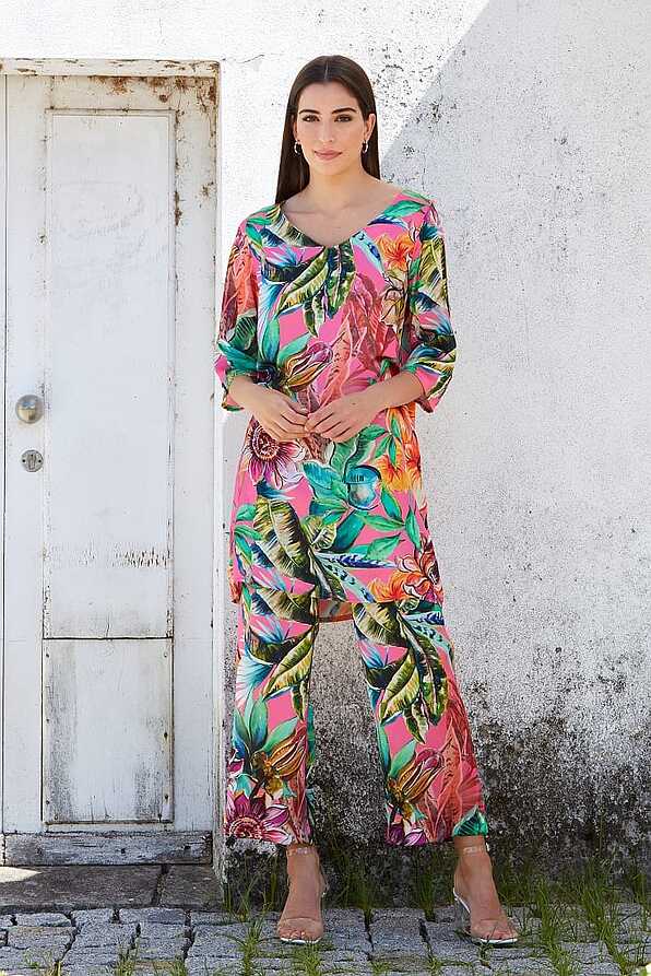 WOMΑΝ WIDE LEG TROUSERS VERY SMOOTH WITH FLORAL MOTIF AND POCKETS